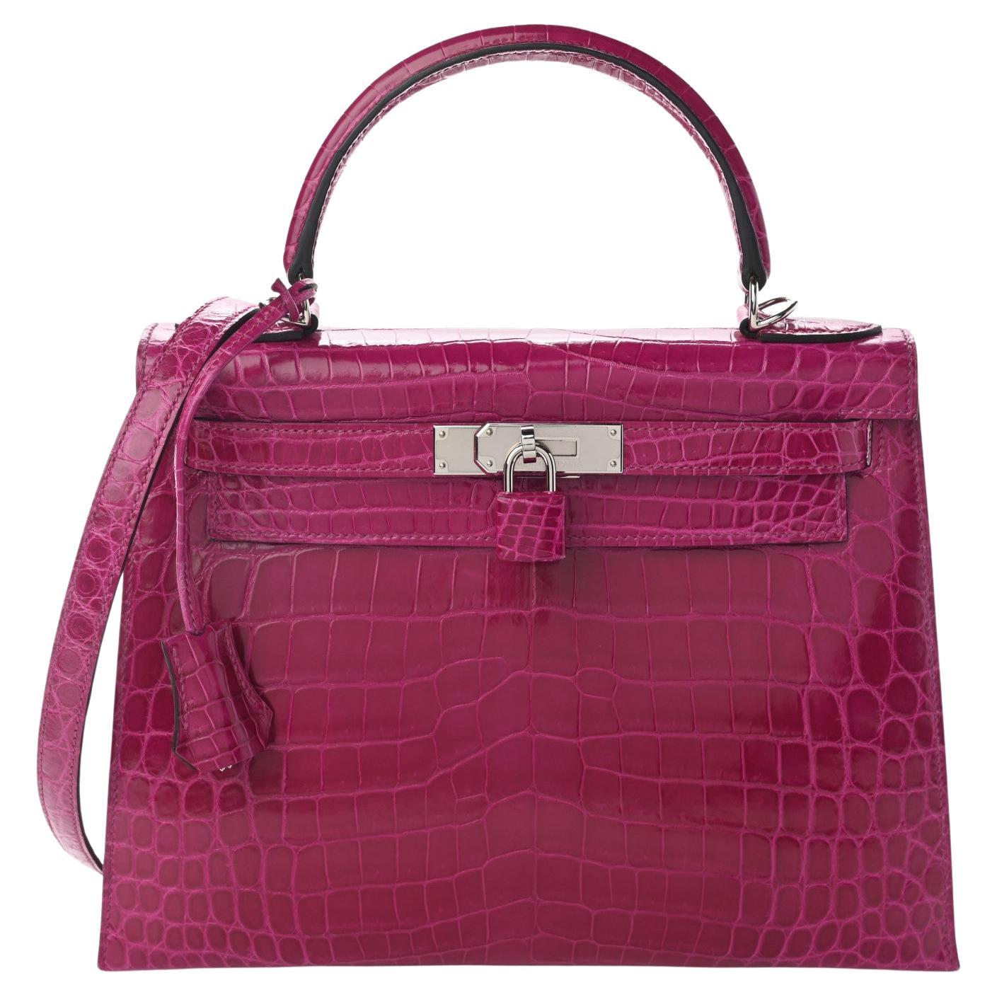 HERMES Kelly 28 Sellier Exotic Crocodile Pink Purple Rose Shoulder Tote Bag