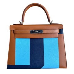 Hermes Kelly 28 Sellier Gold, Blue Celeste, Indigo Epsom Shoulder Bag