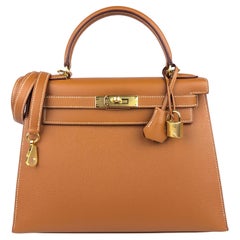 New Hermès Kelly 28 sellier handbag strap in beige canvas and gold leather,  SHW For Sale at 1stDibs