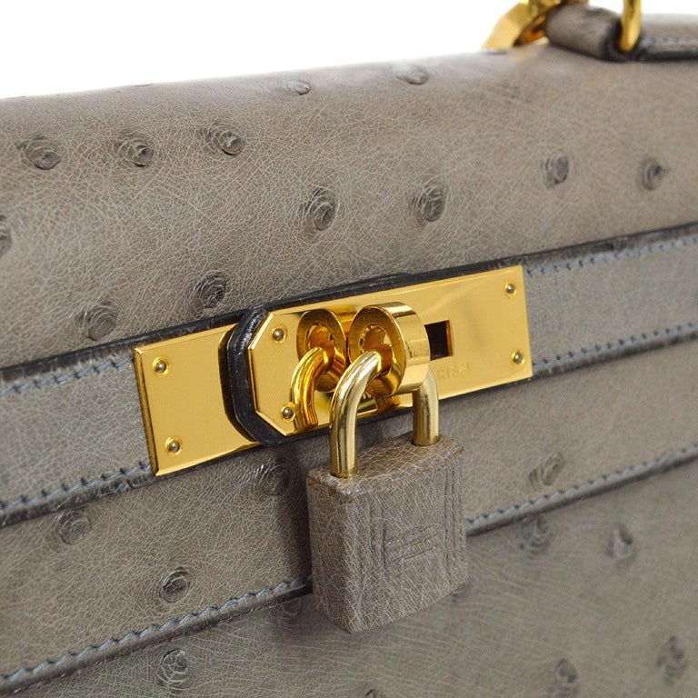 HERMES Kelly 28 Sellier Gray Ostrich Exotic Leather Gold Tote Top Handle  Bag at 1stDibs