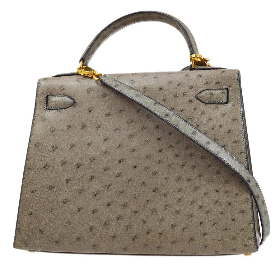 HERMES Kelly 28 Sellier Gray Ostrich Exotic Leather Gold Tote Top Handle Bag In Good Condition In Chicago, IL