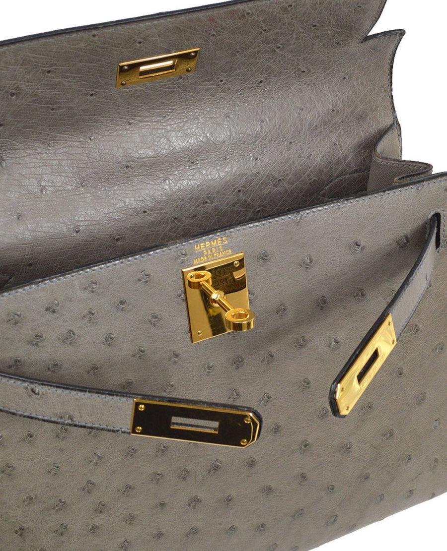 HERMES Kelly 28 Sellier Gray Ostrich Exotic Leather Gold Tote Top Handle Bag 2