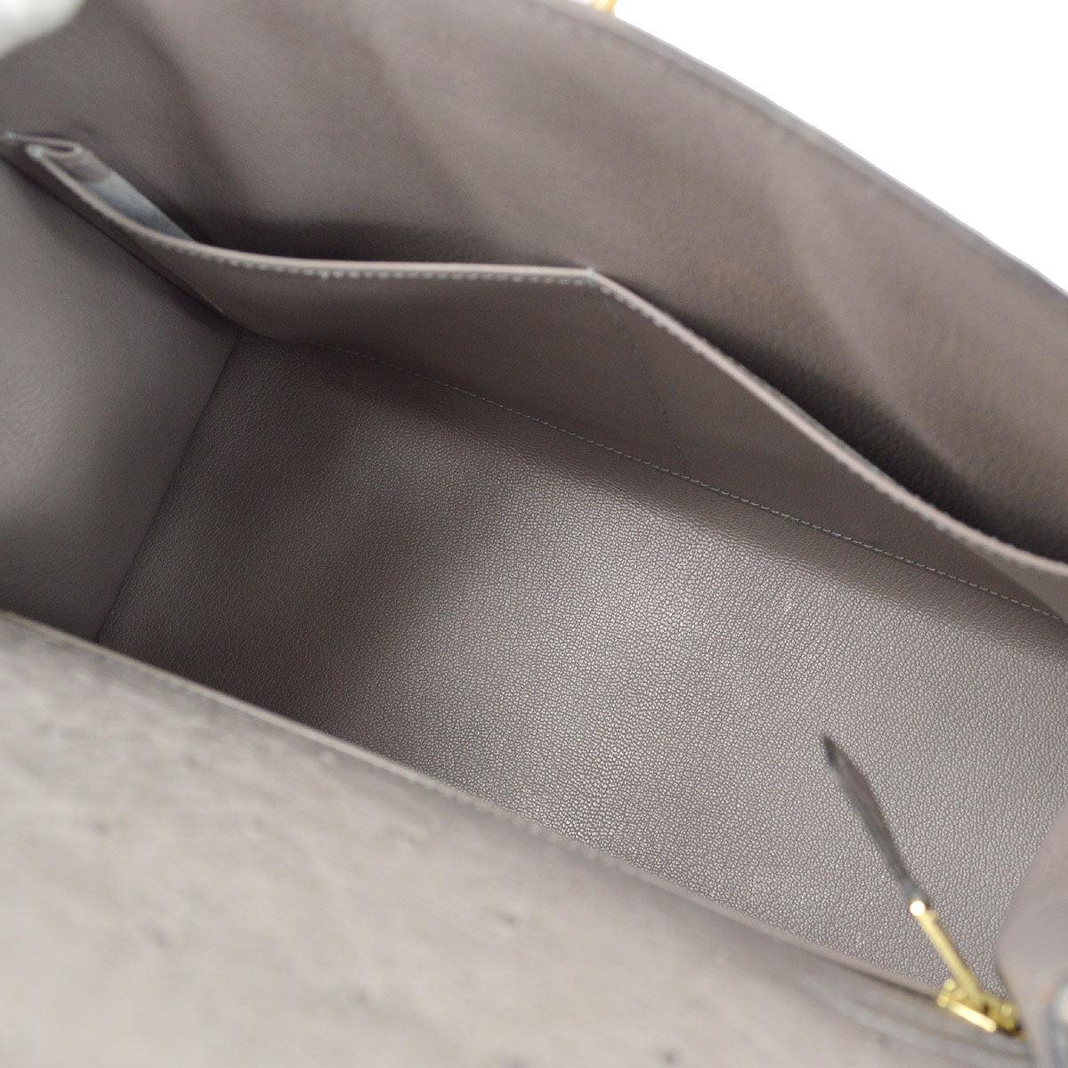 HERMES Kelly 28 Sellier Grau Straußenleder Exotisches Leder Gold Tote Top Handle Bag Damen