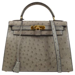 HERMES Kelly 28 Sellier Gray Ostrich Exotic Leather Gold Tote Top Handle Bag