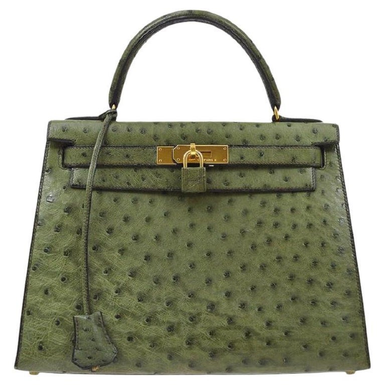 Hermes Kelly Bag Ostrich Leather Gold Hardware In Green