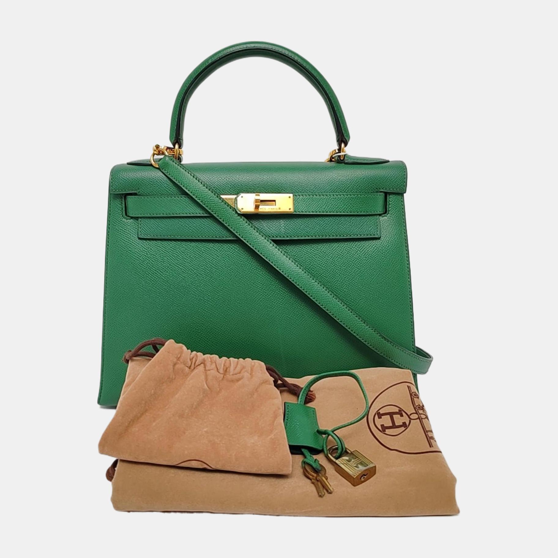Hermes Kelly 28 Sellier Green Vert Comics Epsom Leather Gold Hardware 1991 2