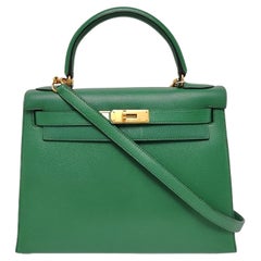 Hermes Kelly 28 Sellier Verde Vert Comics Epsom Cuero Herrajes de Oro 1991