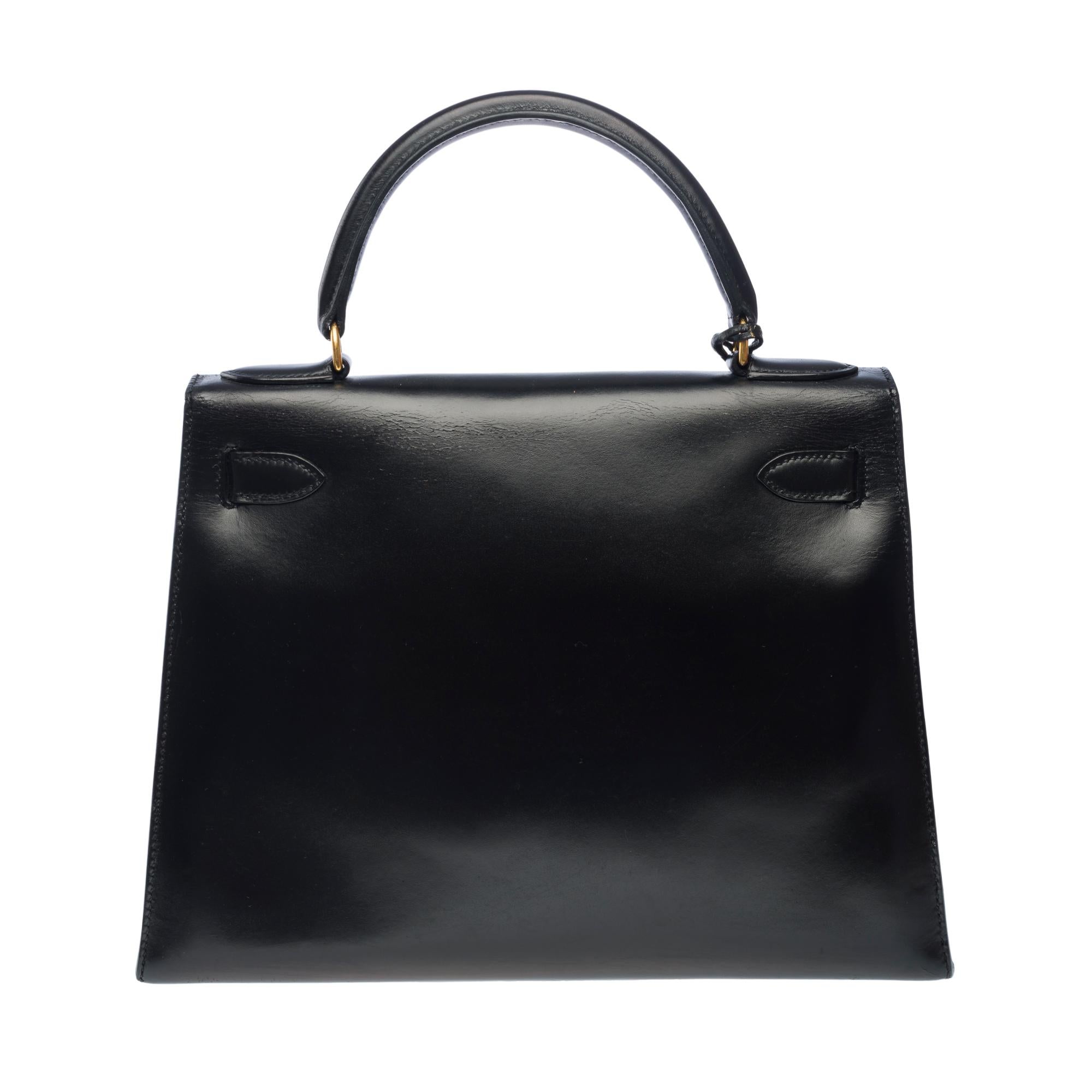 Hermes Kelly 28 sellier handbag in Black box calfskin leather, GHW In Good Condition For Sale In Paris, IDF
