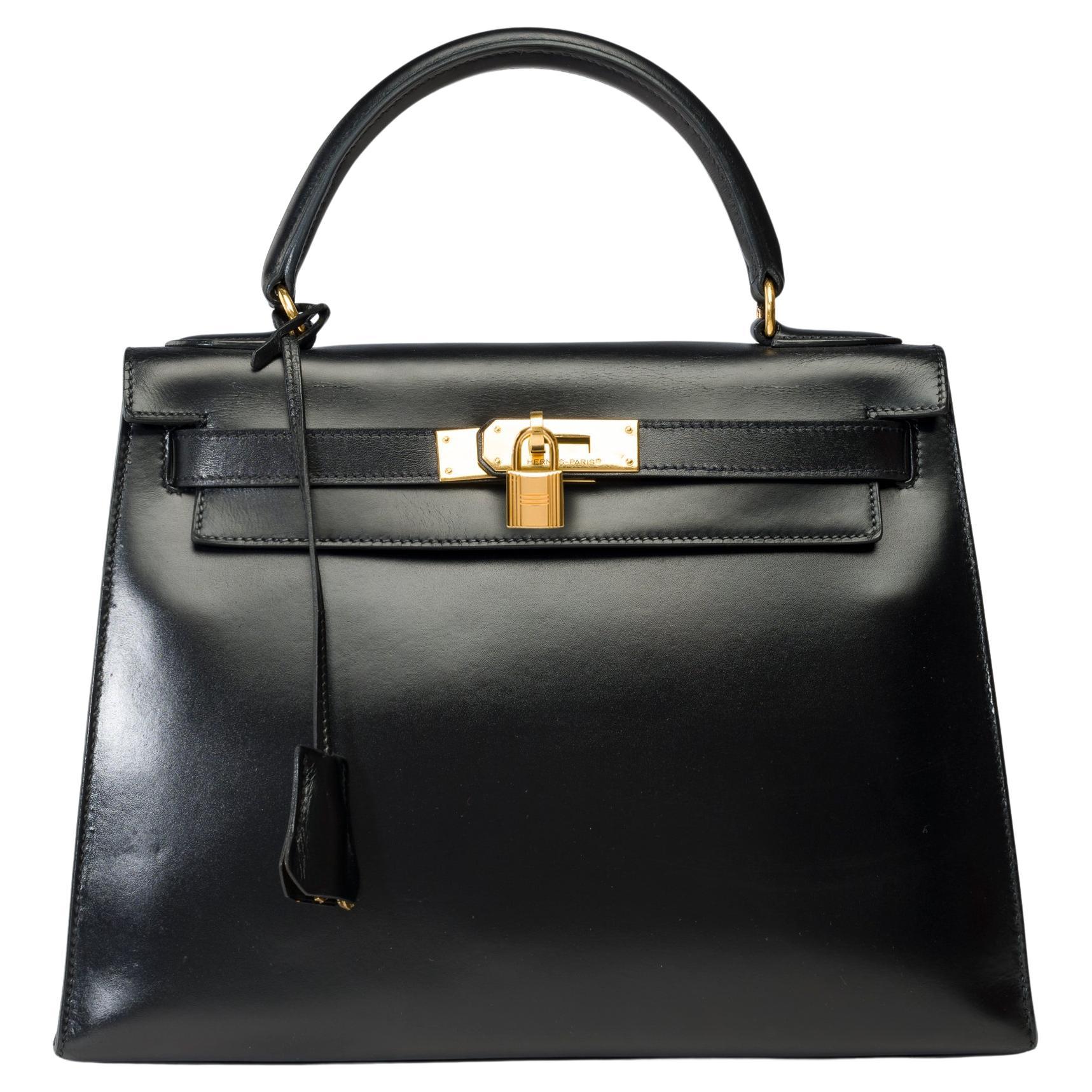 Hermes Kelly 28 sellier handbag in Black box calfskin leather, GHW For Sale