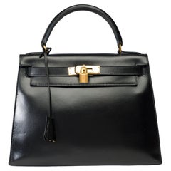 Vintage Hermes Kelly 28 sellier handbag in Black box calfskin leather, GHW
