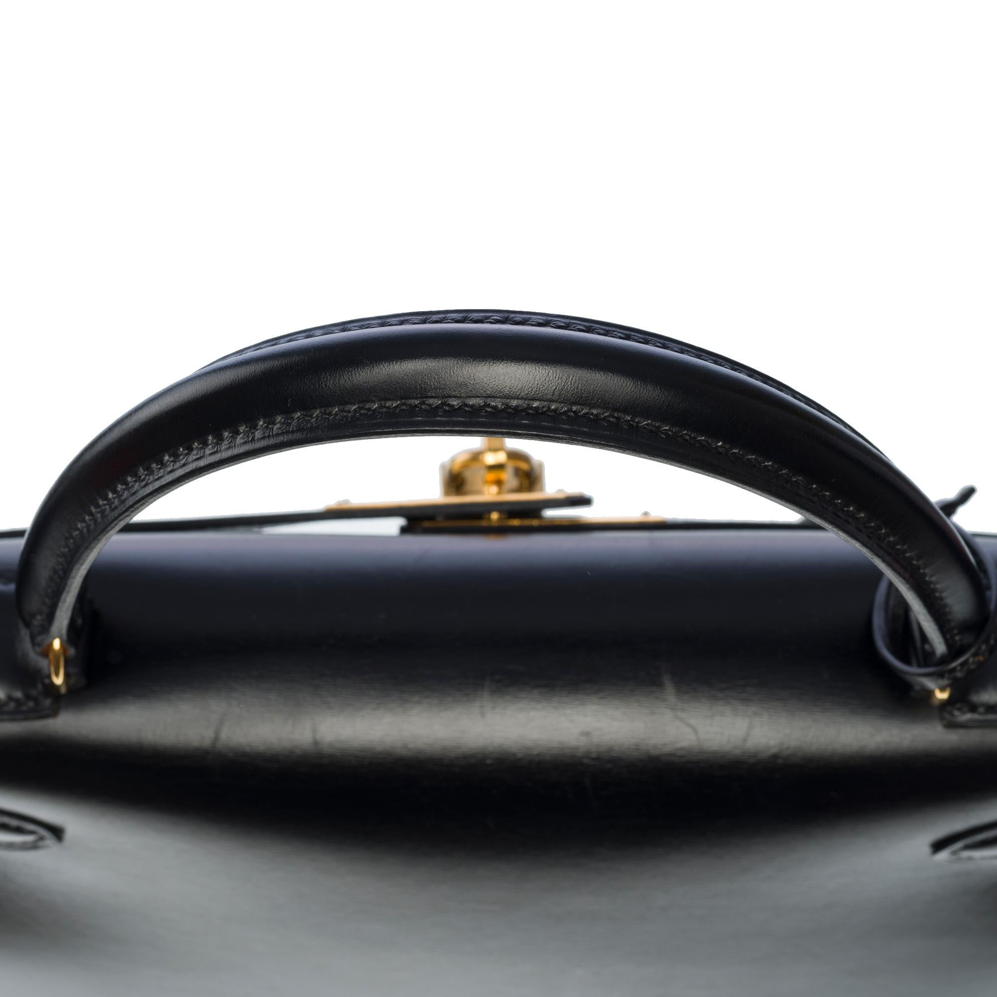 Hermes Kelly 28 sellier handbag strap in Black box calfskin leather, GHW 7