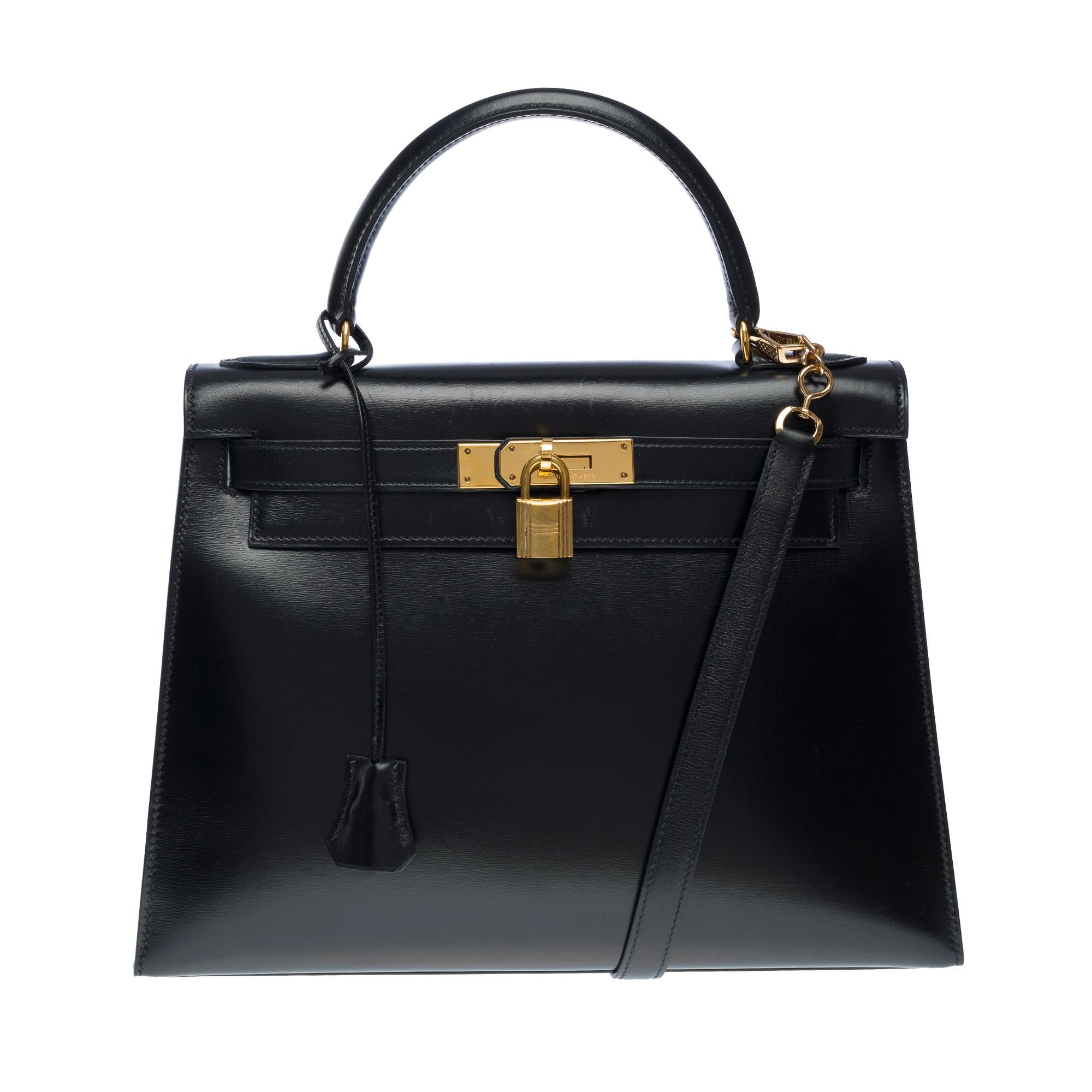 Hermes Kelly 28 sellier handbag strap in Black box calfskin leather, GHW In Good Condition In Paris, IDF