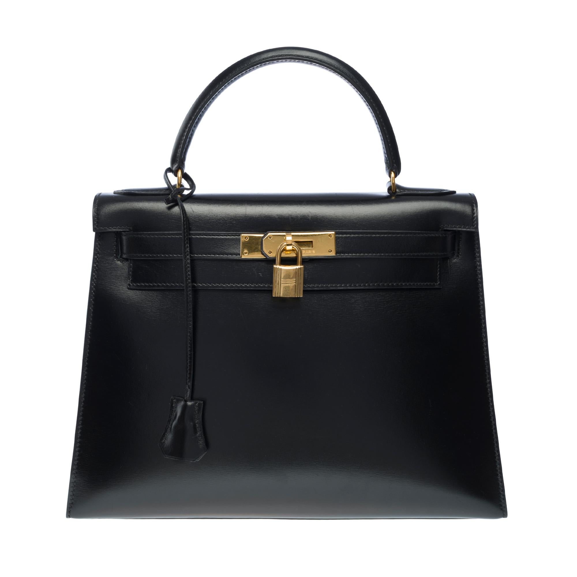 Women's Hermes Kelly 28 sellier handbag strap in Black box calfskin leather, GHW