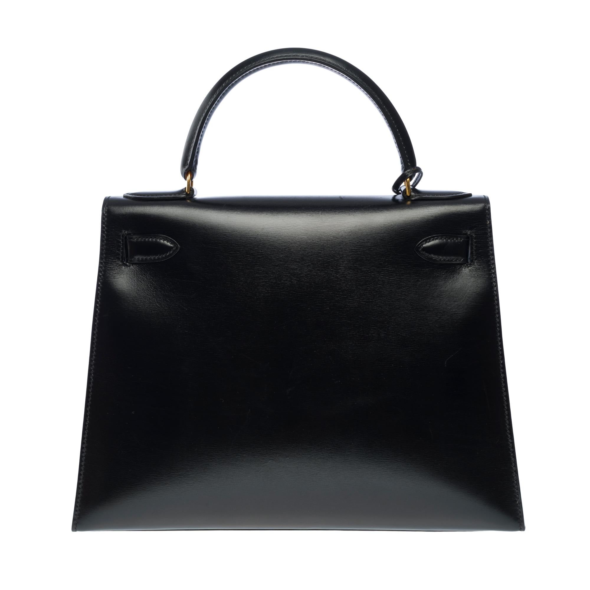 Hermes Kelly 28 sellier handbag strap in Black box calfskin leather, GHW 1