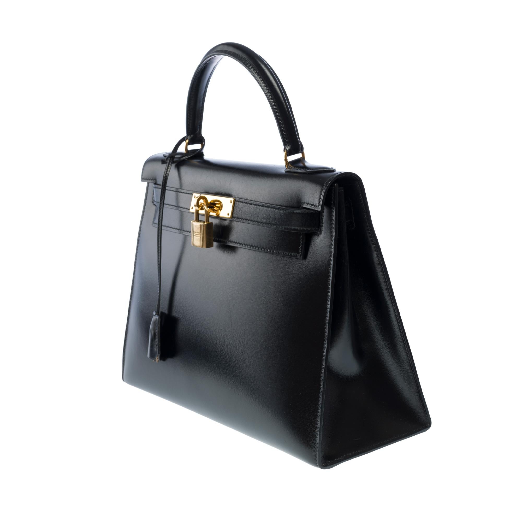 Hermes Kelly 28 sellier handbag strap in Black box calfskin leather, GHW 2