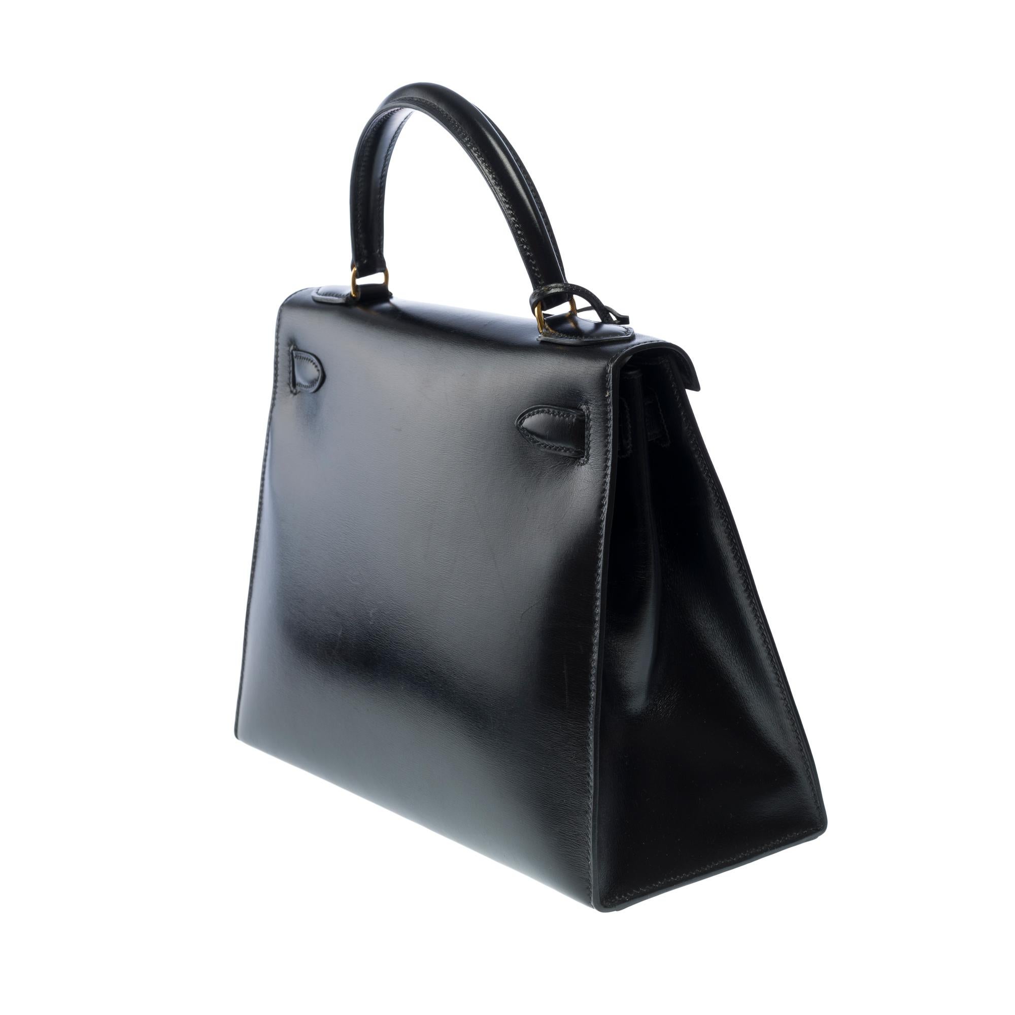 Hermes Kelly 28 sellier handbag strap in Black box calfskin leather, GHW 3