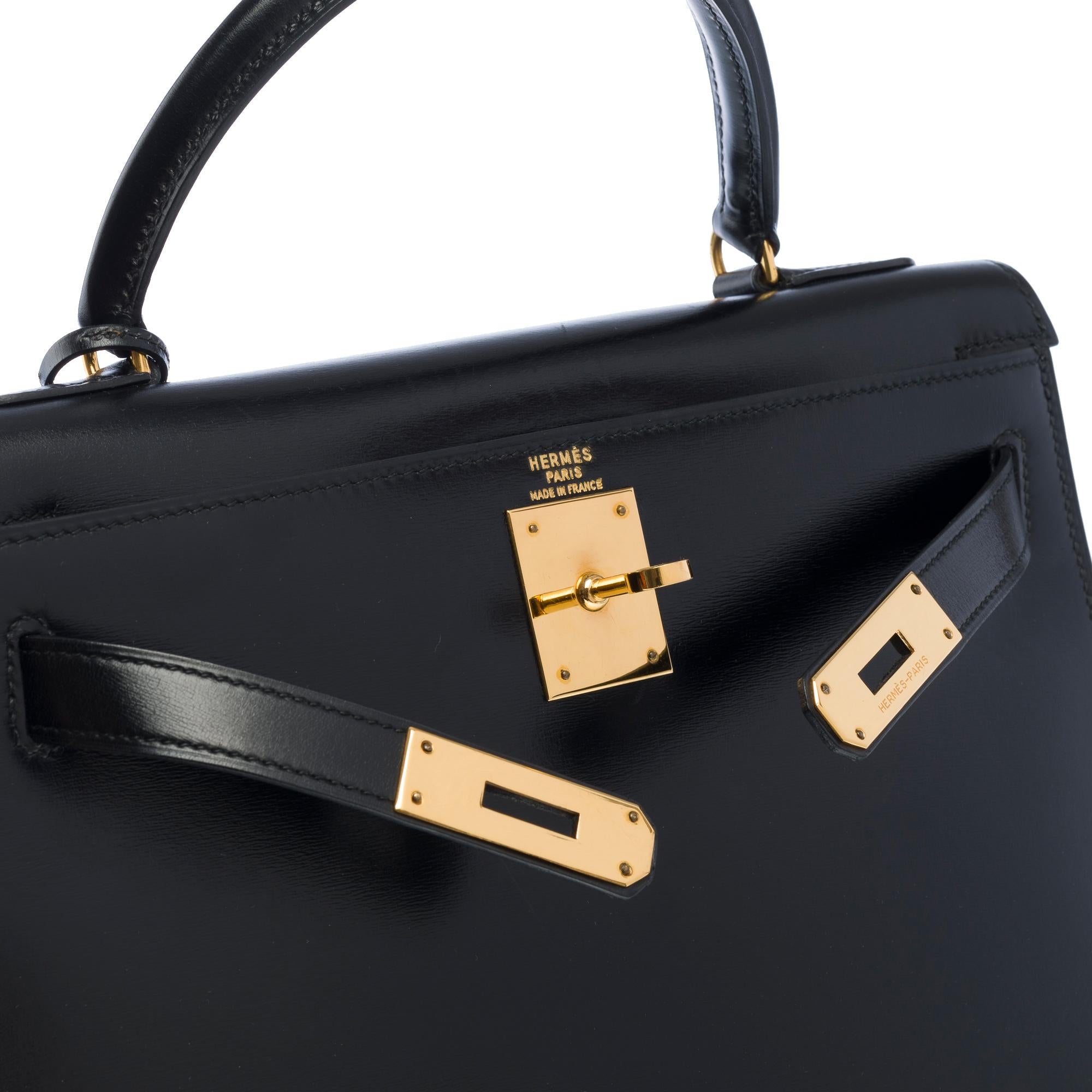 Hermes Kelly 28 sellier handbag strap in Black box calfskin leather, GHW 4