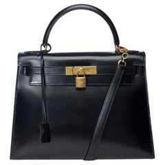 Sac à main Hermes Kelly 28 sellier en cuir de veau box noir, GHW