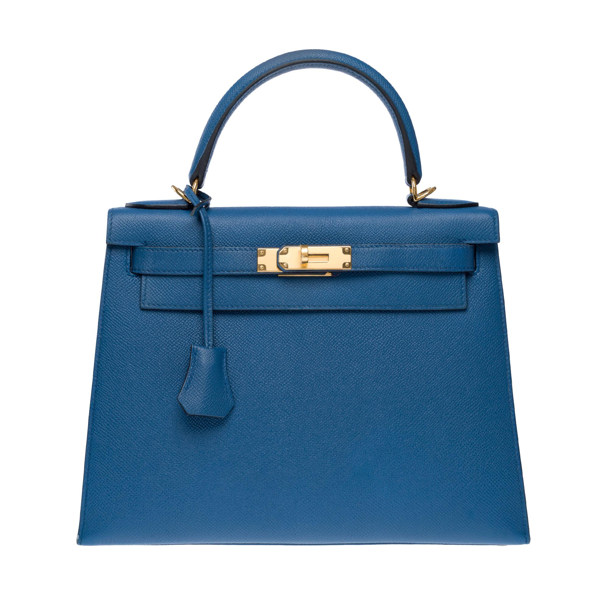 Women's Hermès Kelly 28 sellier handbag strap in Blue Brighton Epsom leather, GHW For Sale