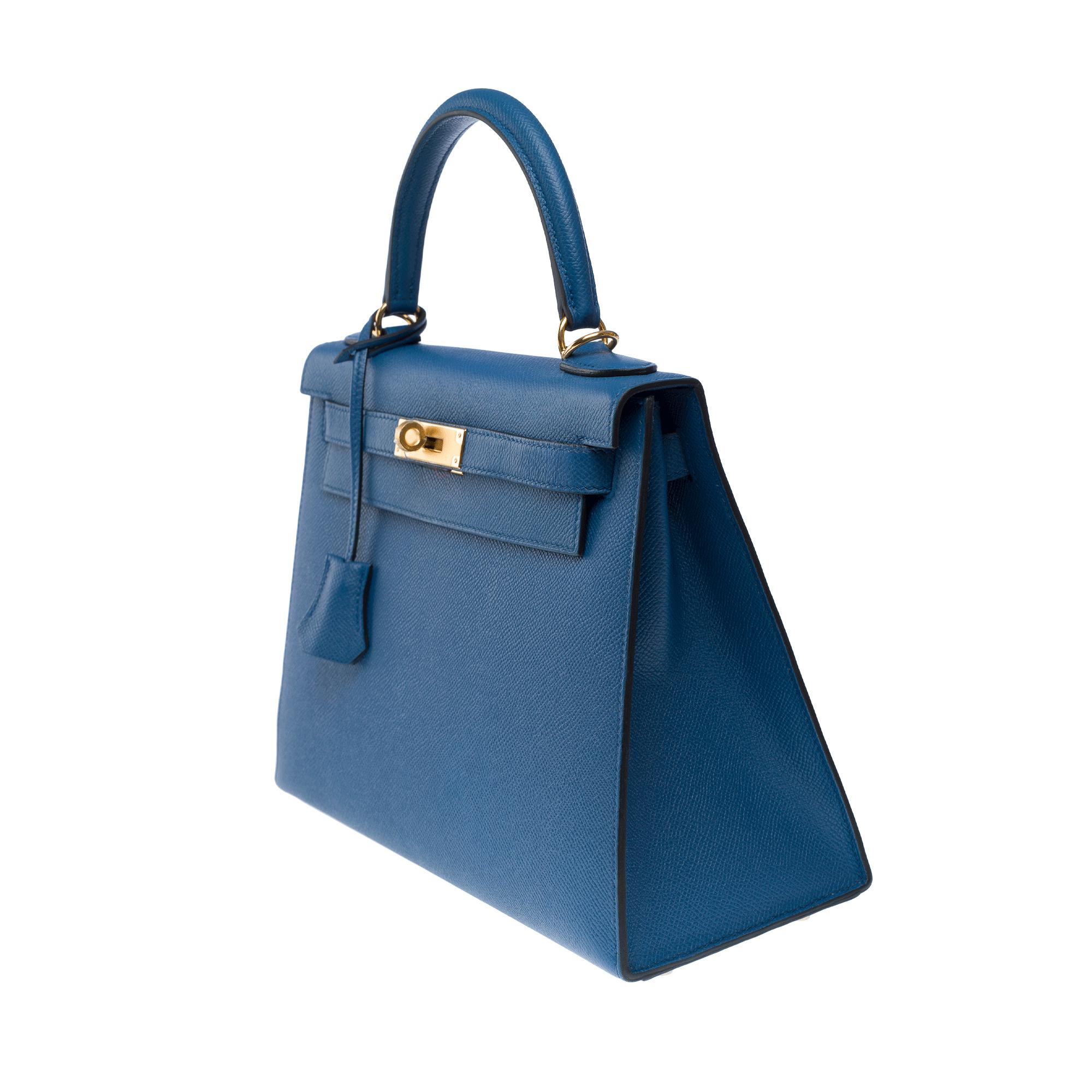 Hermès Kelly 28 sellier handbag strap in Blue Brighton Epsom leather, GHW For Sale 2