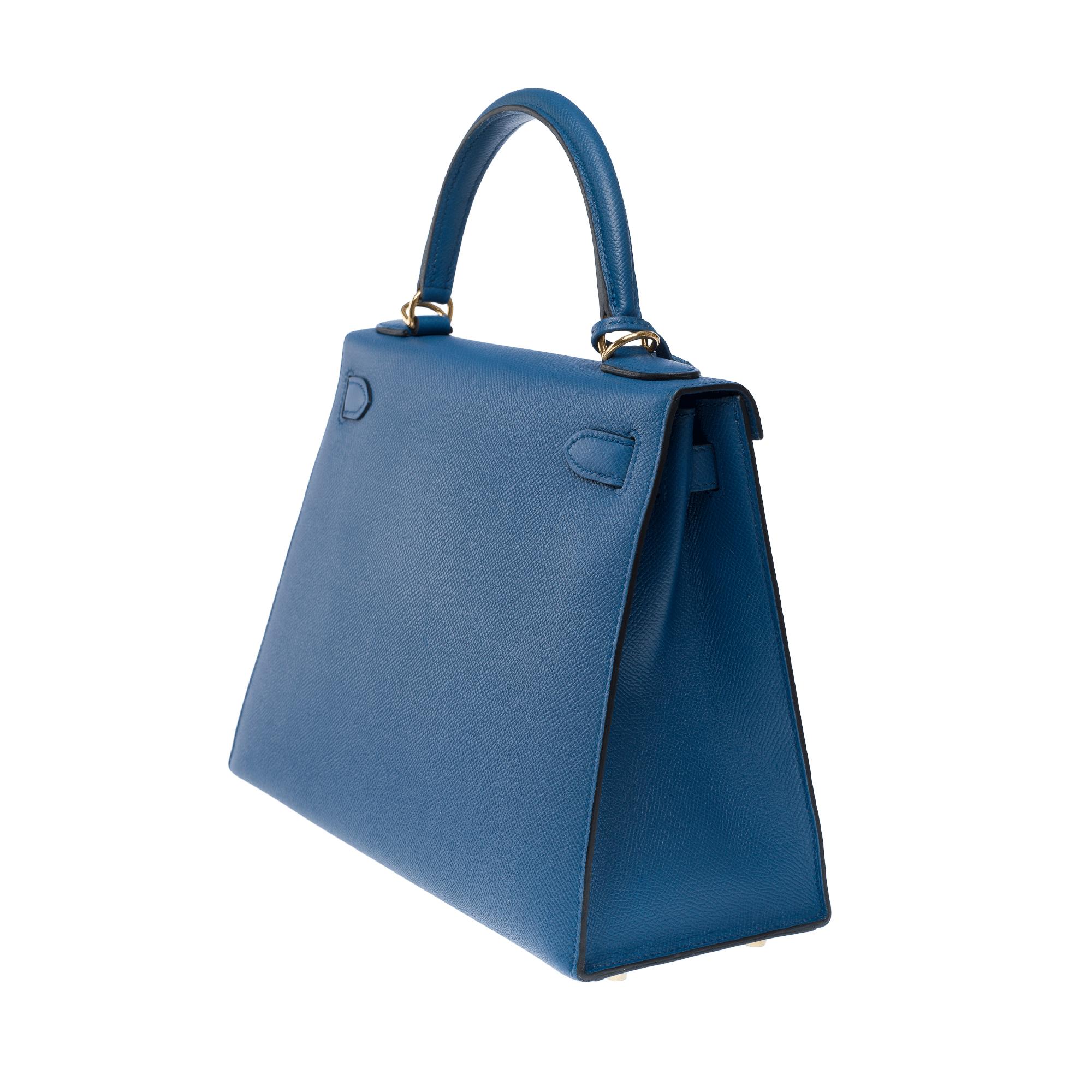 Hermès Kelly 28 sellier handbag strap in Blue Brighton Epsom leather, GHW For Sale 3