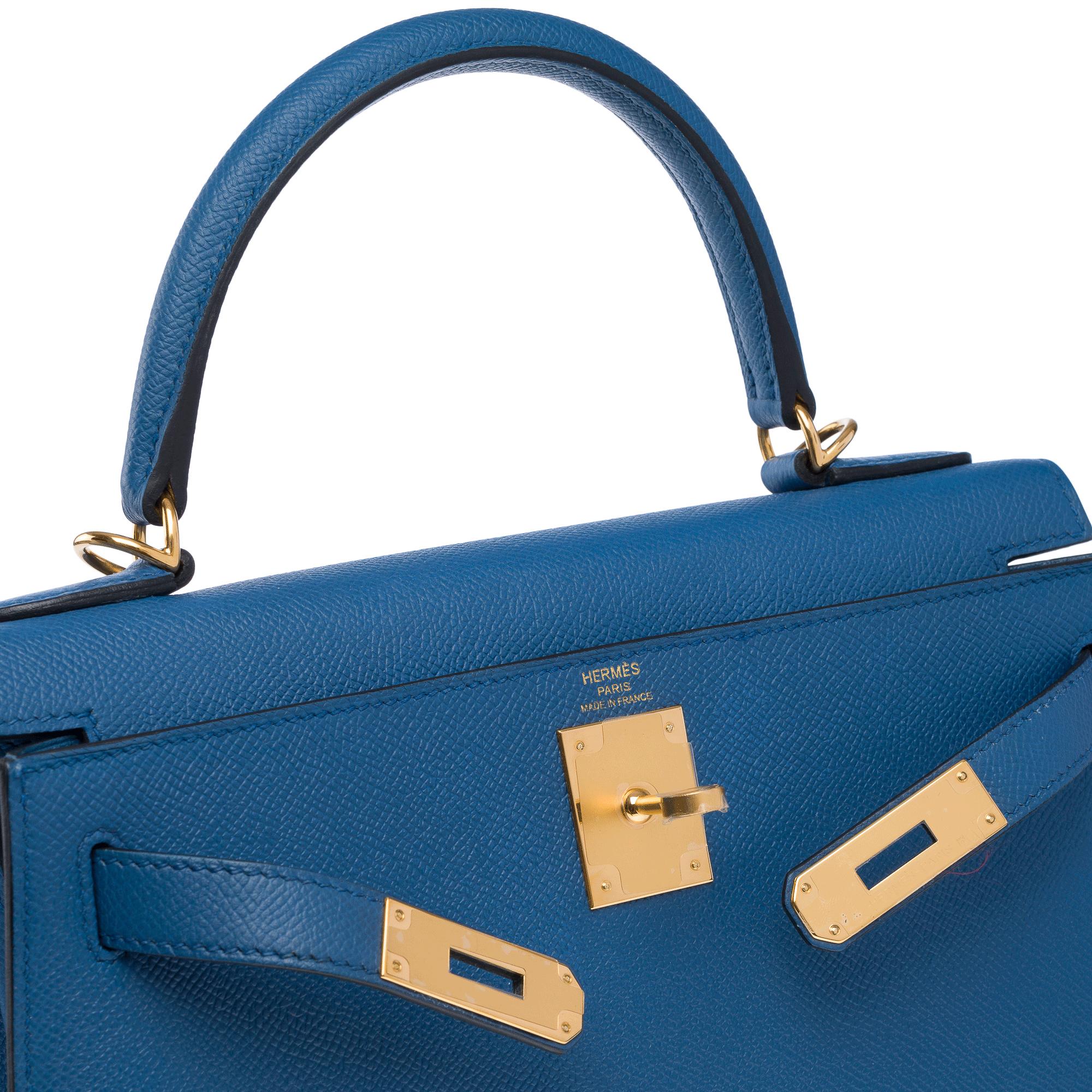 Hermès Kelly 28 sellier handbag strap in Blue Brighton Epsom leather, GHW For Sale 4