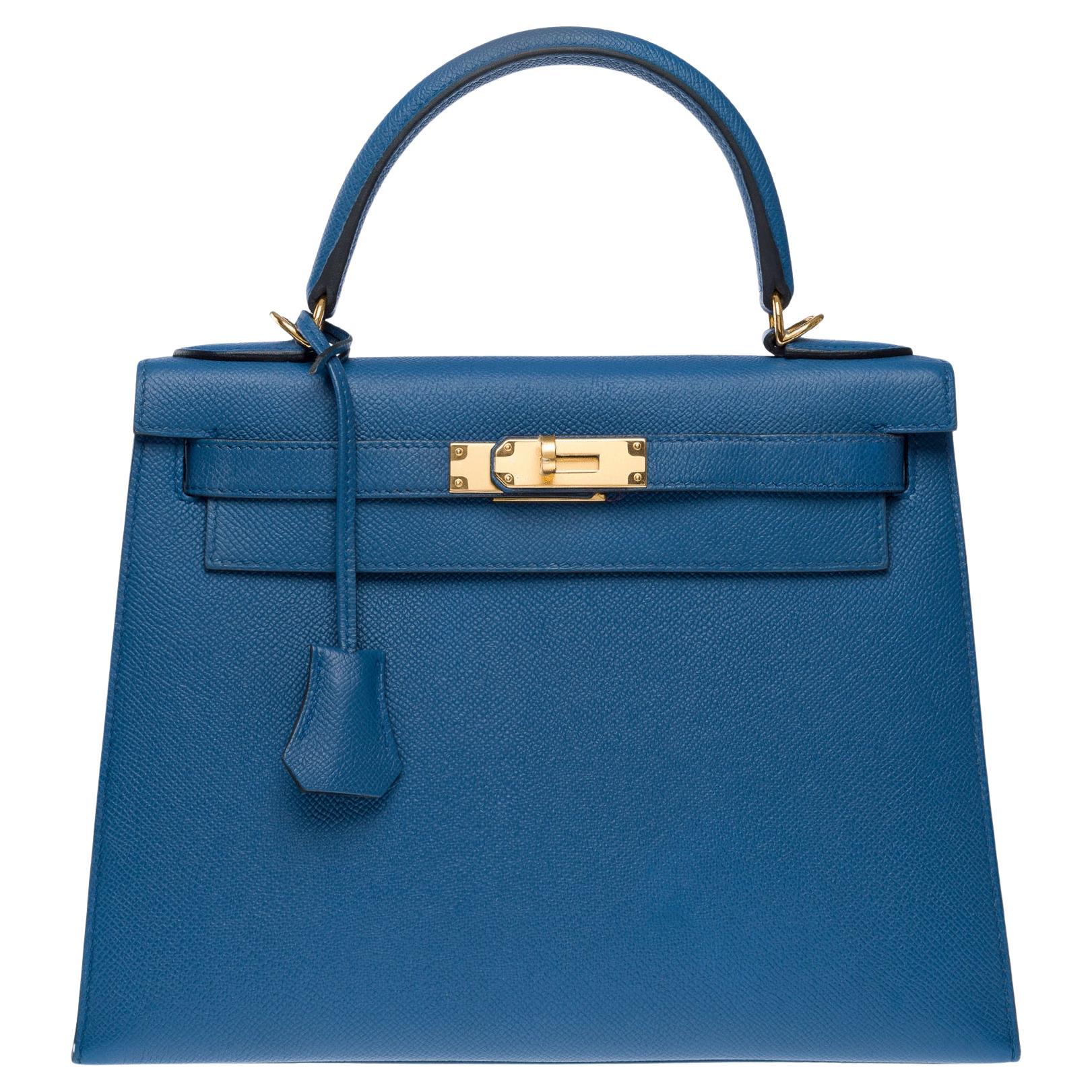 Hermès Kelly 28 sellier handbag strap in Blue Brighton Epsom leather, GHW For Sale