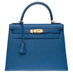 Hermès Kelly 28 sellier handbag strap in Blue Brighton Epsom leather, GHW