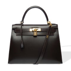 Tracolla per borsa Hermès Kelly 28 sellier in pelle di vitello marrone, GHW