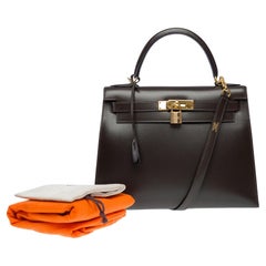 Tracolla per borsa Hermès Kelly 28 sellier in pelle di vitello marrone, GHW