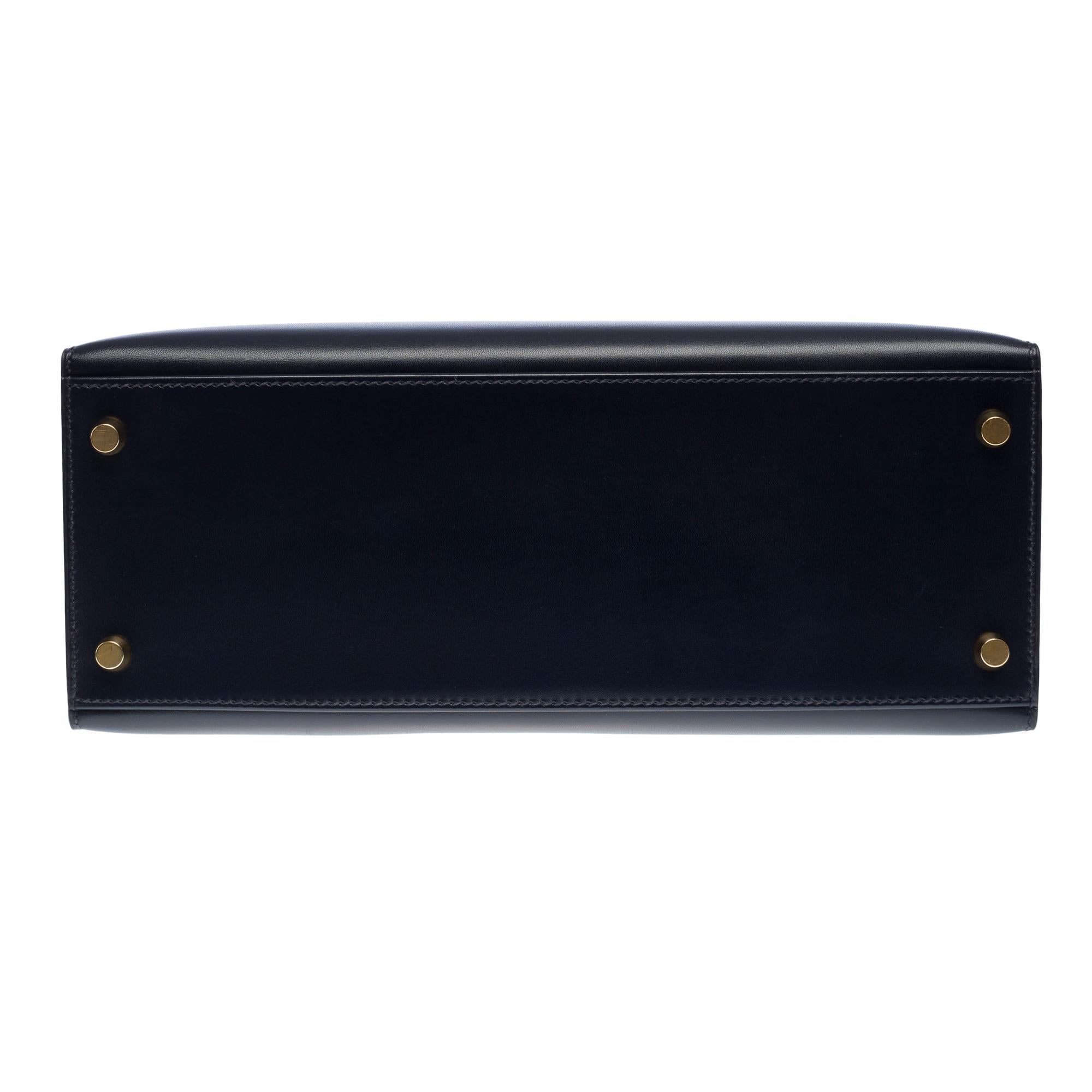 Hermes Kelly 28 sellier handbag strap in Navy Blue box calfskin leather, GHW For Sale 6
