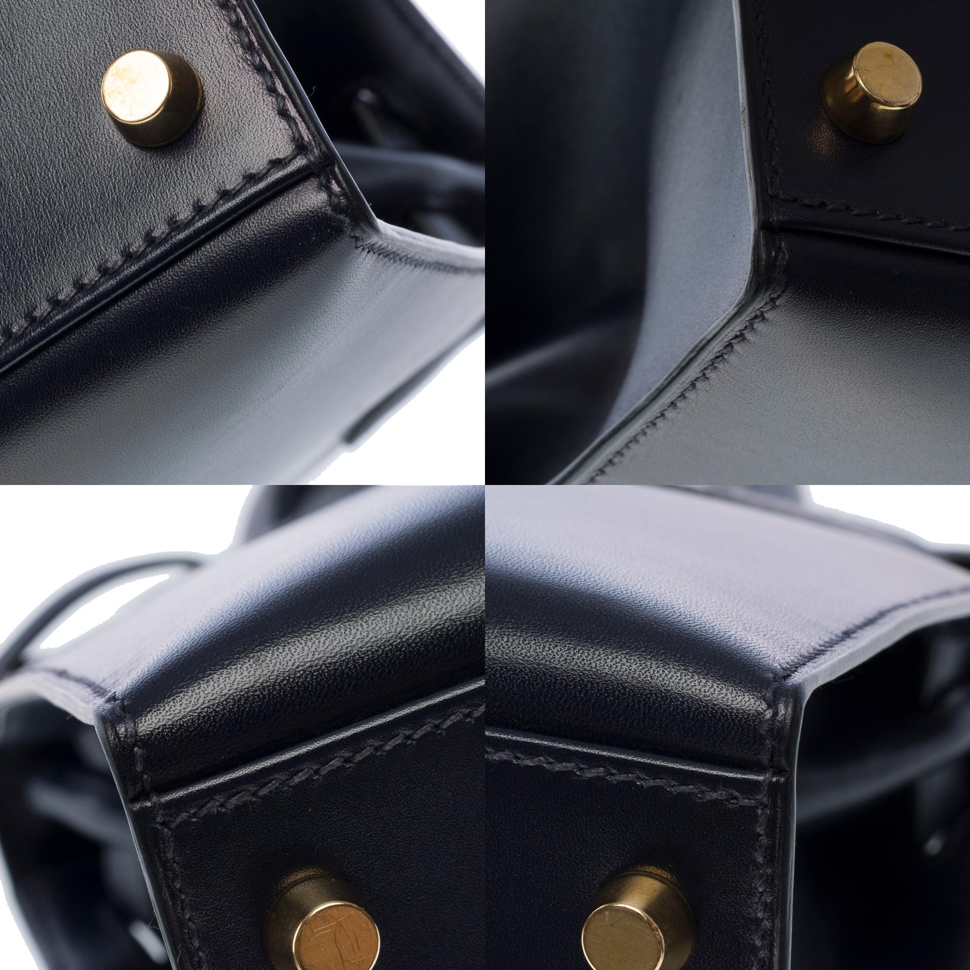 Hermes Kelly 28 sellier handbag strap in Navy Blue box calfskin leather, GHW For Sale 7