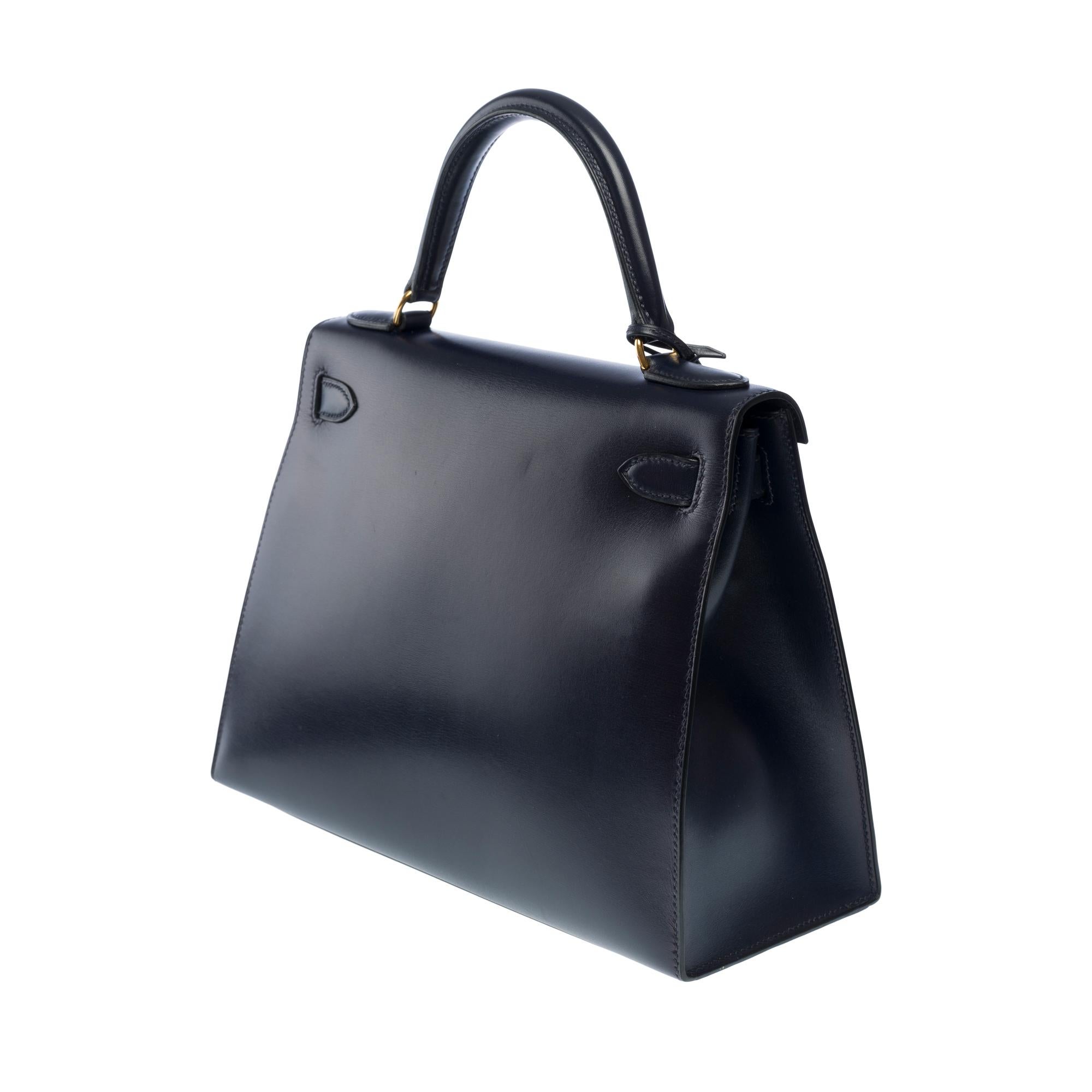 Hermes Kelly 28 sellier handbag strap in Navy Blue box calfskin leather, GHW For Sale 1