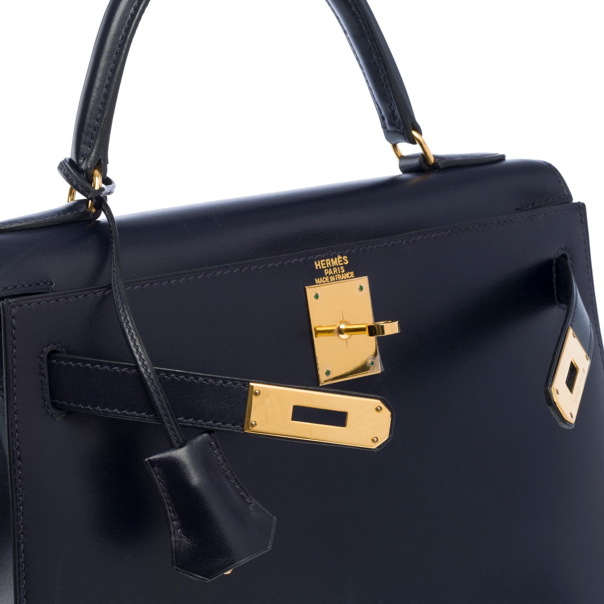 Hermes Kelly 28 sellier handbag strap in Navy Blue box calfskin leather, GHW For Sale 2