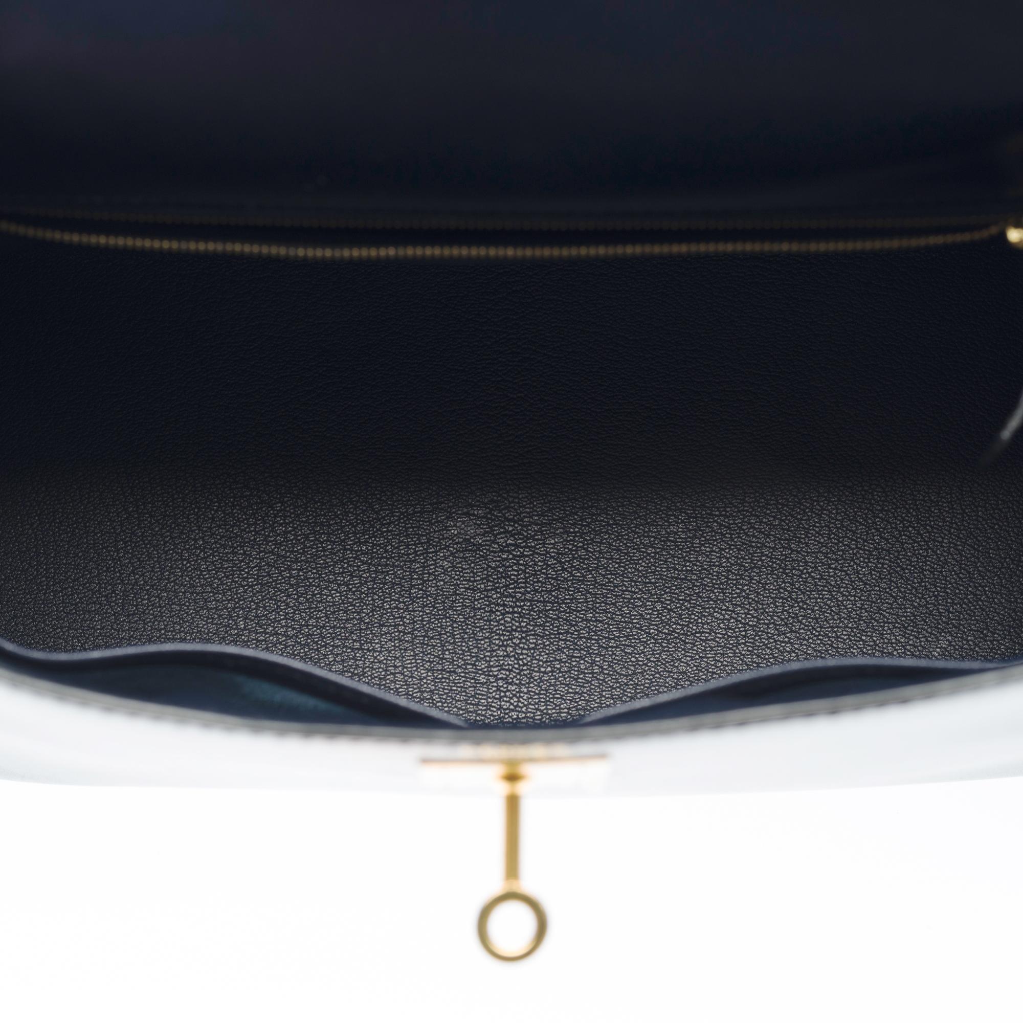 Hermes Kelly 28 sellier handbag strap in Navy Blue box calfskin leather, GHW For Sale 4