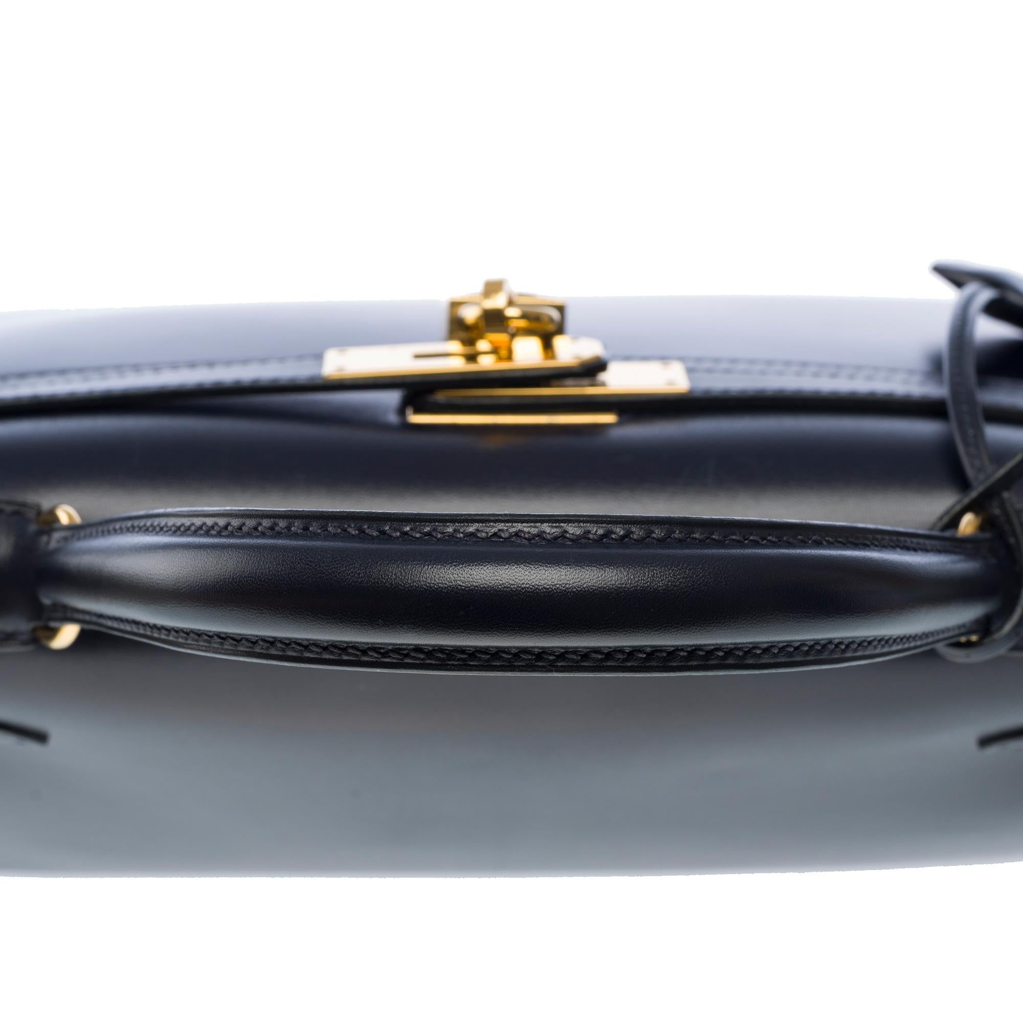 Hermes Kelly 28 sellier handbag strap in Navy Blue box calfskin leather, GHW For Sale 5