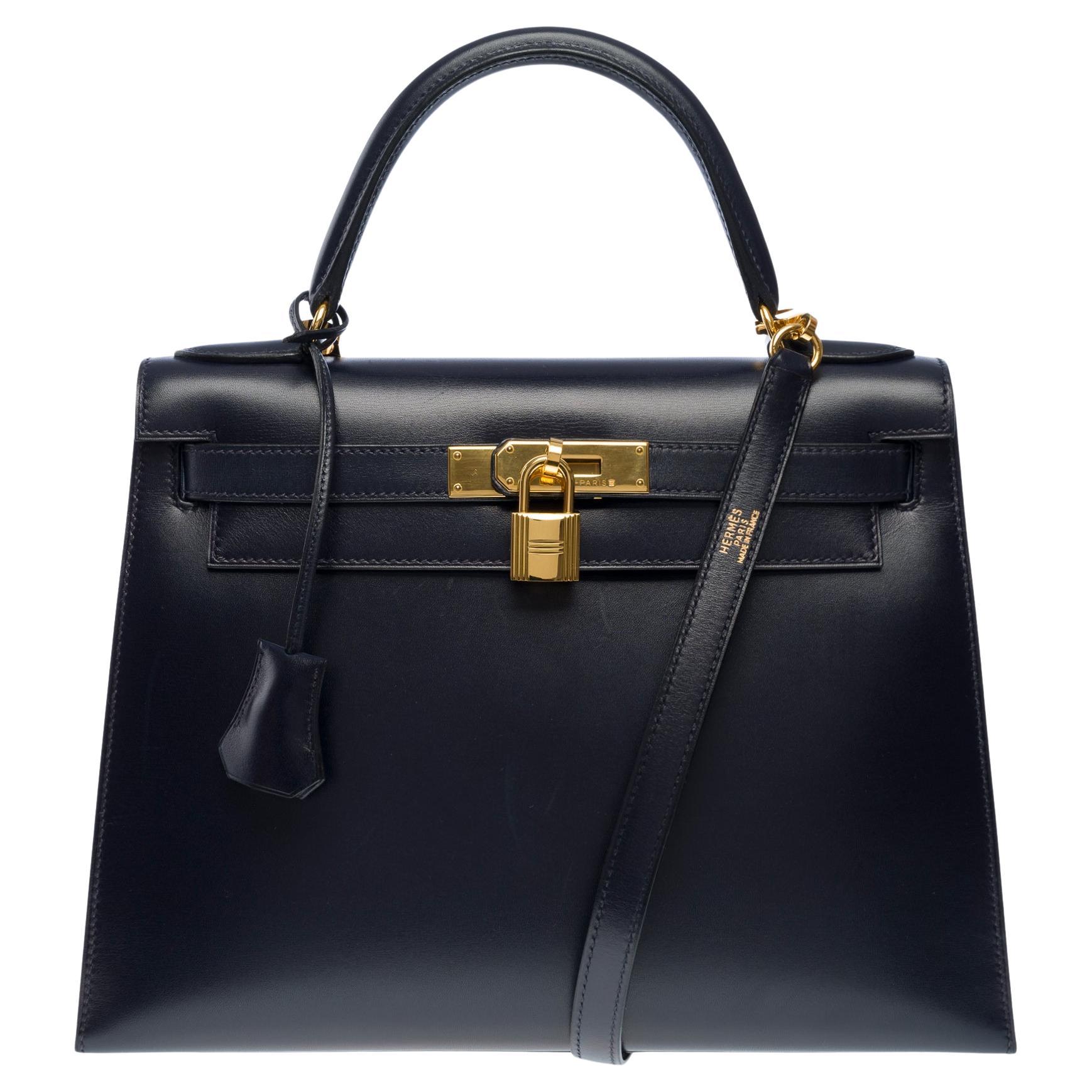 Hermes Kelly 28 sellier handbag strap in Navy Blue box calfskin leather, GHW For Sale