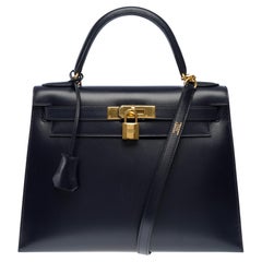 Hermes Kelly 28 sellier Handtasche Riemen in Navy Blue Box Kalbsleder, GHW