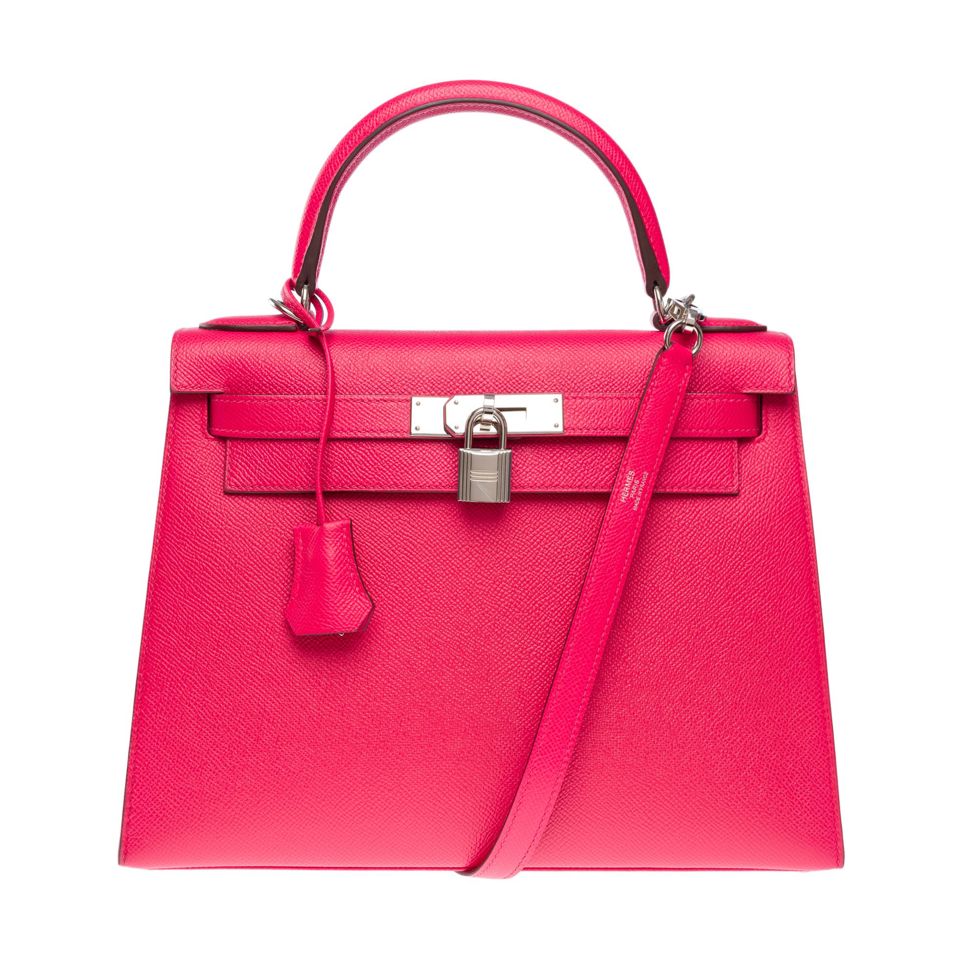Stunning​ ​Hermes​ ​Kelly​ ​28​ ​sellier​ ​handbag​ ​strap​ ​in​ ​Rose​ ​Extreme​ ​calf​ ​Epsom​ ​leather,​ ​palladium​ ​silver​ ​metal​ ​trim,​ ​pink​ ​leather​ ​handle,​ ​removable​ ​shoulder​ ​strap​ ​in​ ​pink​ ​leather​ ​for​ ​a​ ​hand​ ​or​