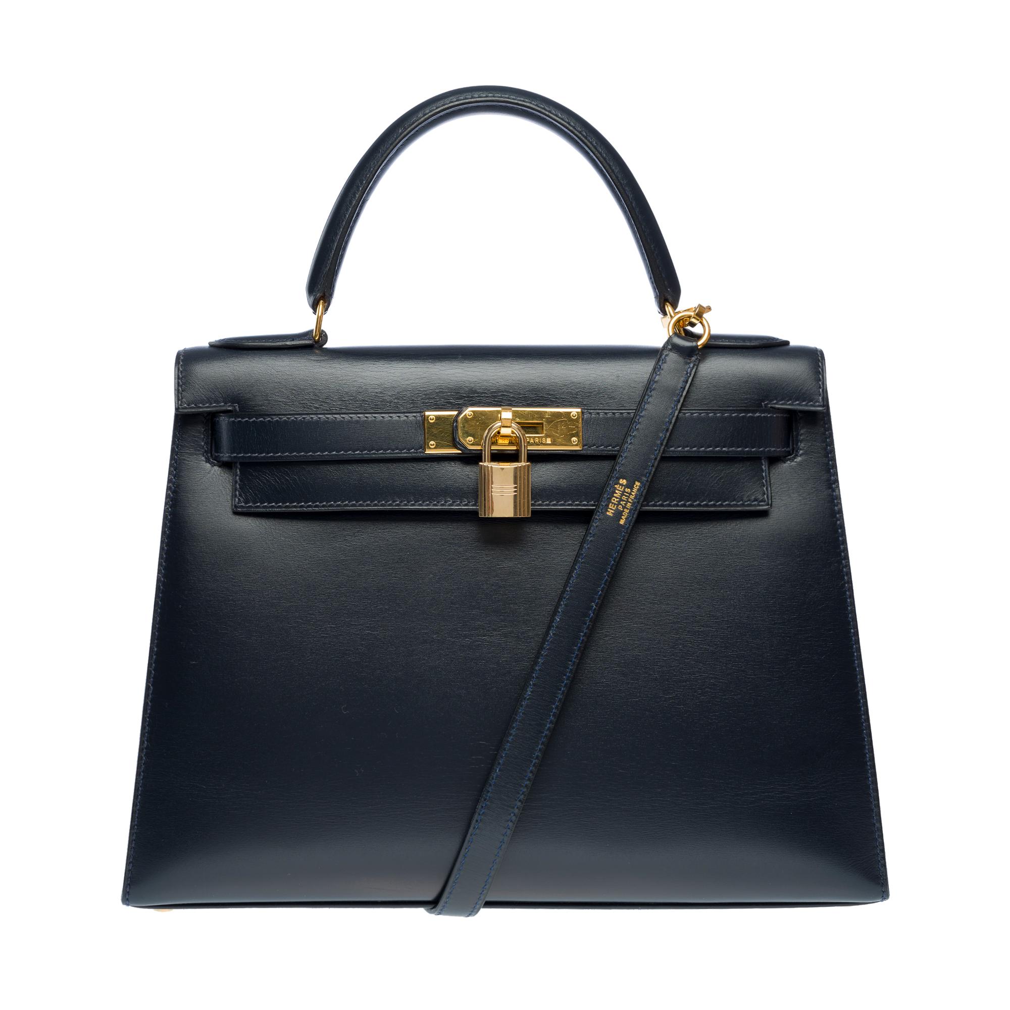 Orange Hermès Kelly 28 sellier handbag strap in Navy Blue box calf leather, GHW