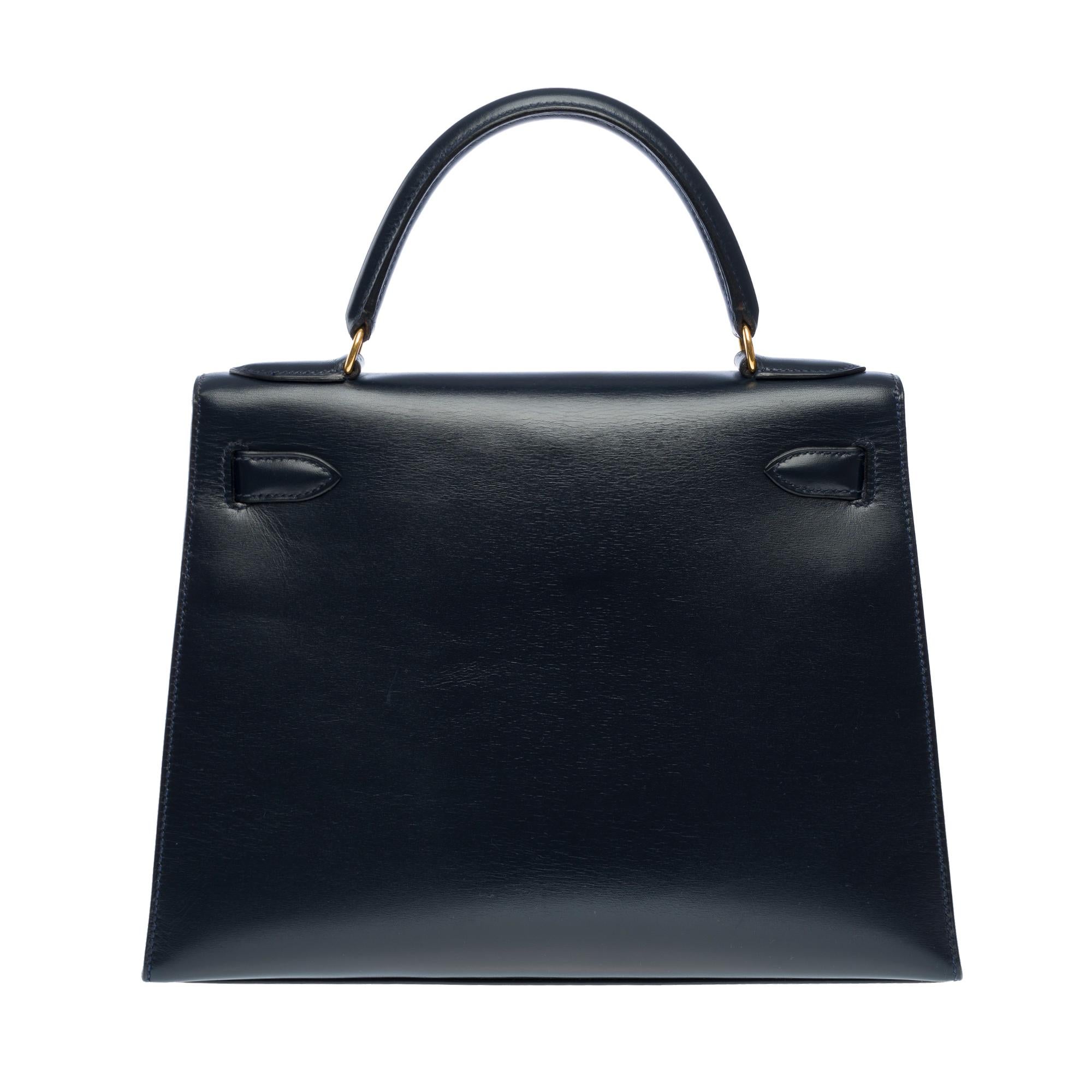 Hermès Kelly 28 sellier handbag strap in Navy Blue box calf leather, GHW In Good Condition In Paris, IDF