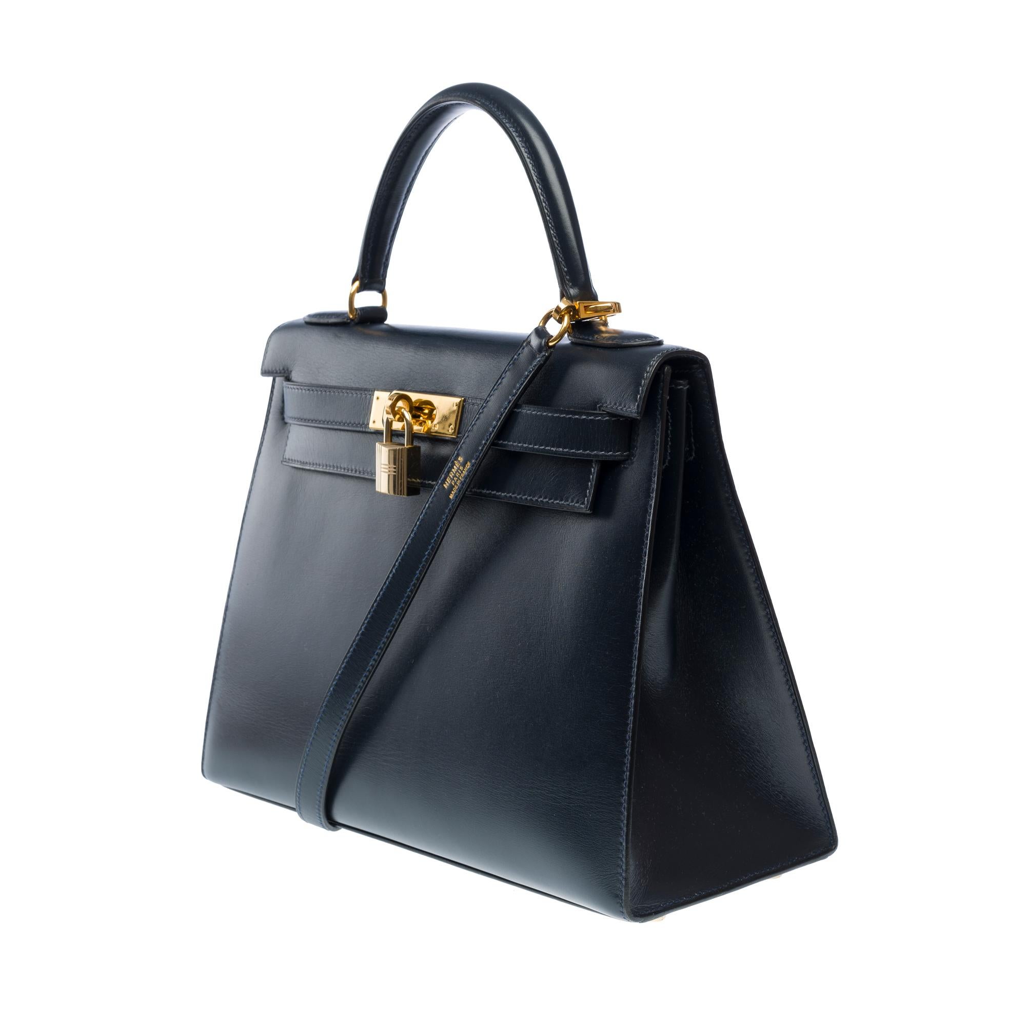 Women's Hermès Kelly 28 sellier handbag strap in Navy Blue box calf leather, GHW