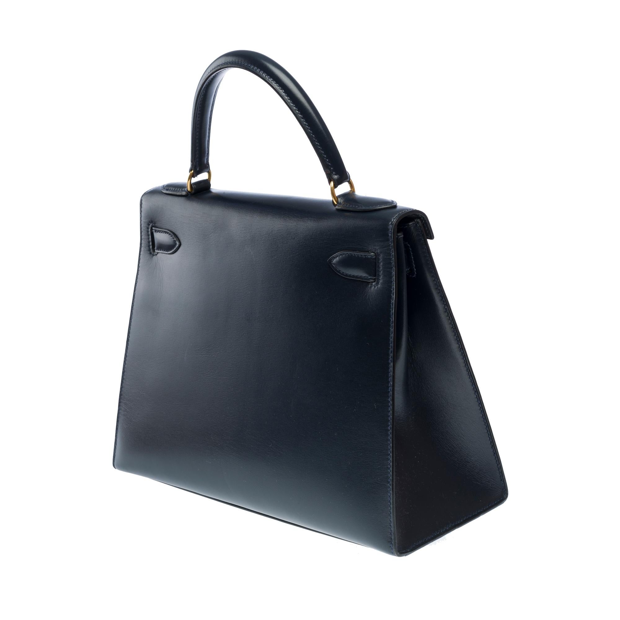 Hermès Kelly 28 sellier handbag strap in Navy Blue box calf leather, GHW 1