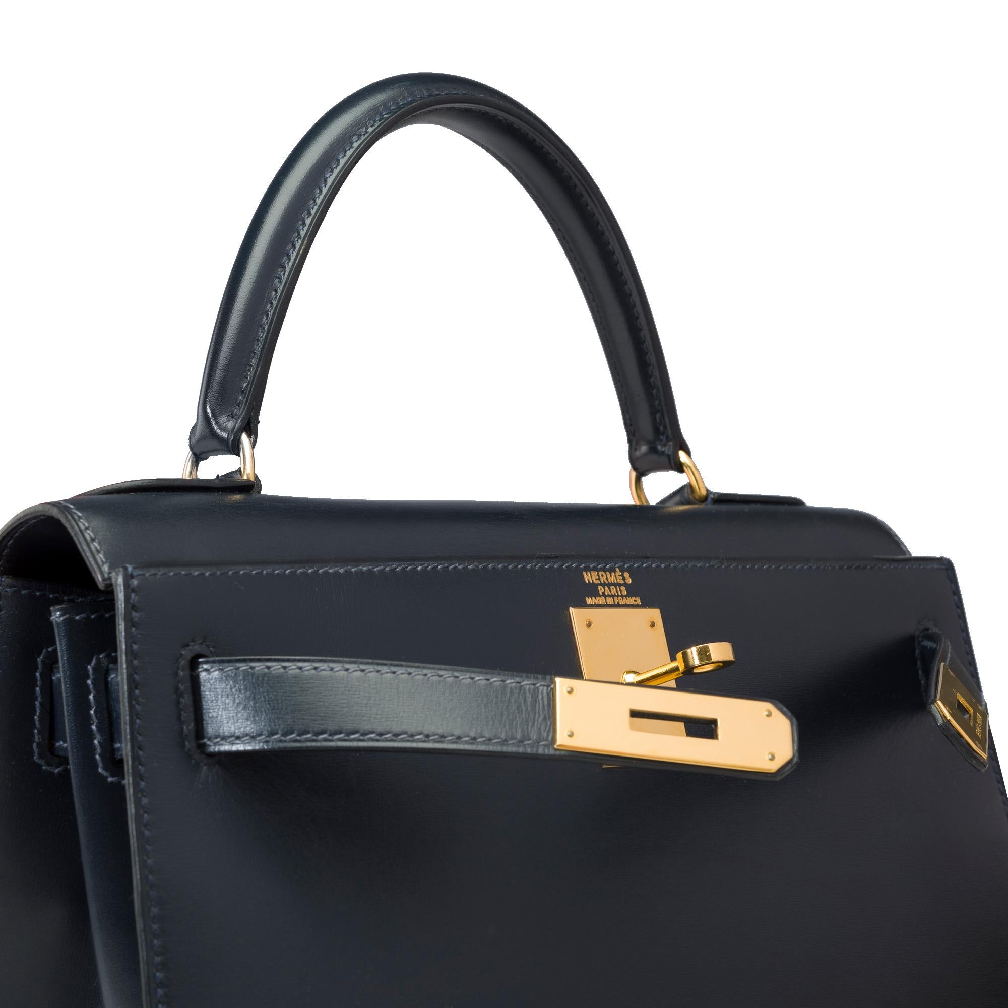 Hermès Kelly 28 sellier handbag strap in Navy Blue box calf leather, GHW 2