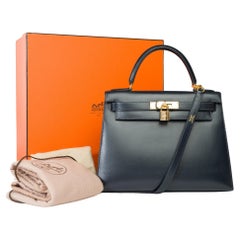 Hermès Kelly 28 sellier handbag strap in Navy Blue box calf leather, GHW