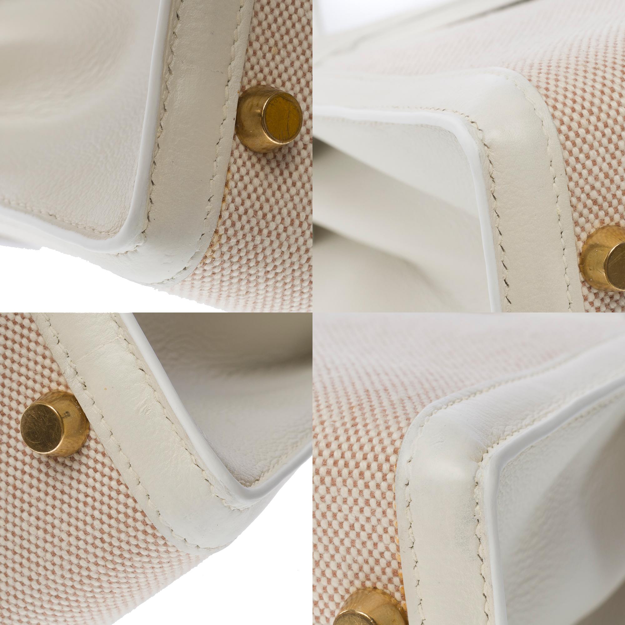 Hermès Kelly 28 sellier Handtaschenband aus weißem Canvas und beigem Leder, GHW im Angebot 5