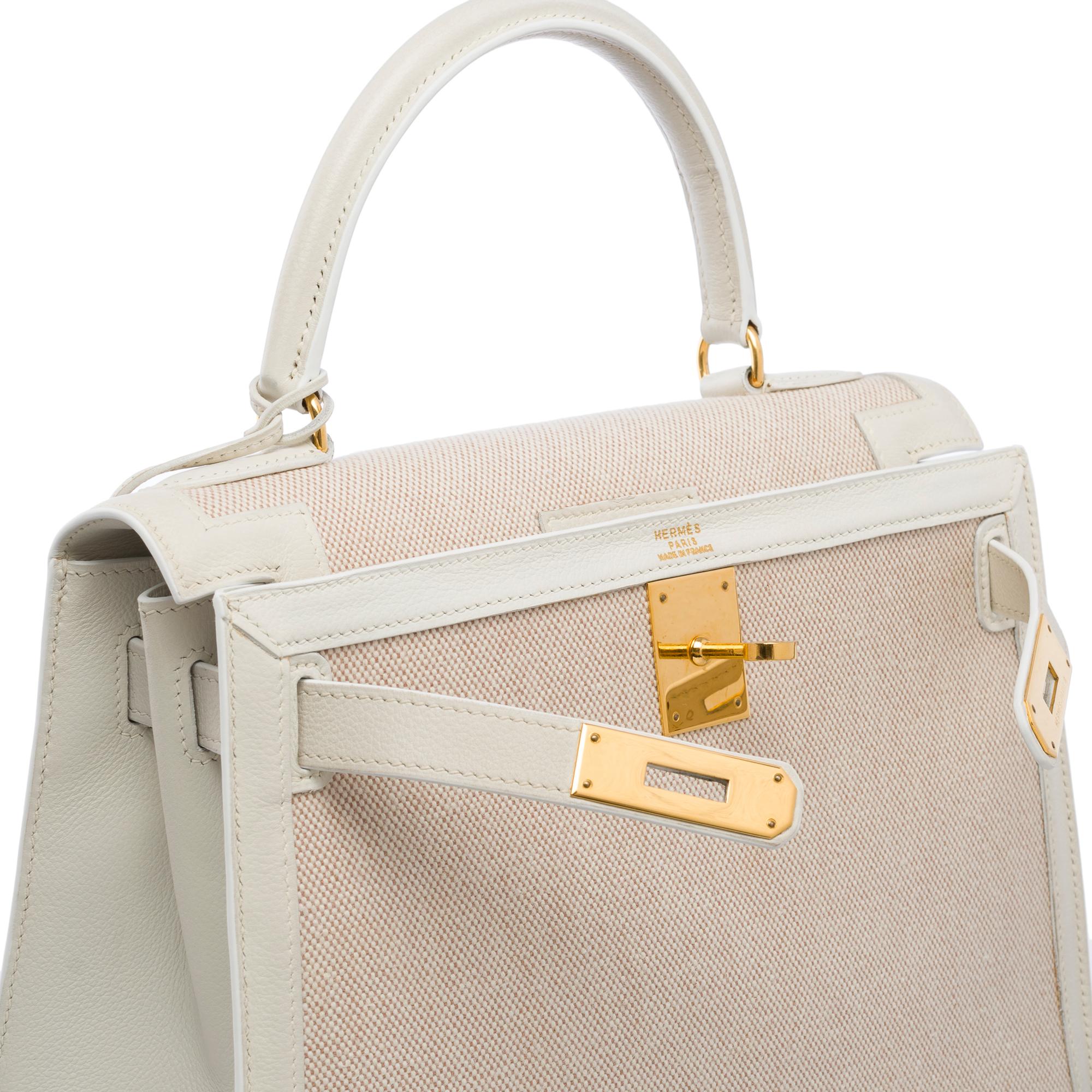 Hermès Kelly 28 sellier Handtaschenband aus weißem Canvas und beigem Leder, GHW Damen im Angebot