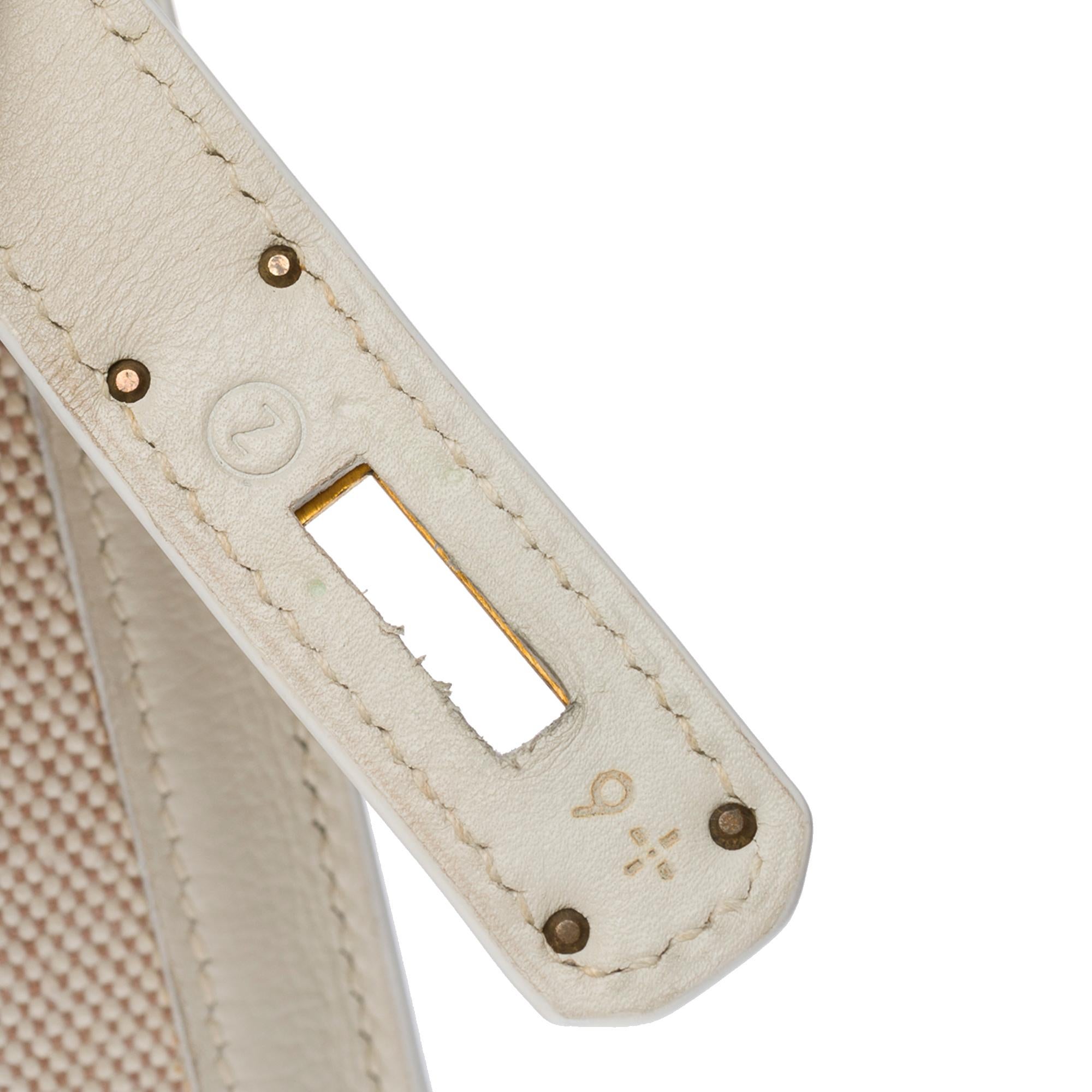 Hermès Kelly 28 sellier Handtaschenband aus weißem Canvas und beigem Leder, GHW im Angebot 1
