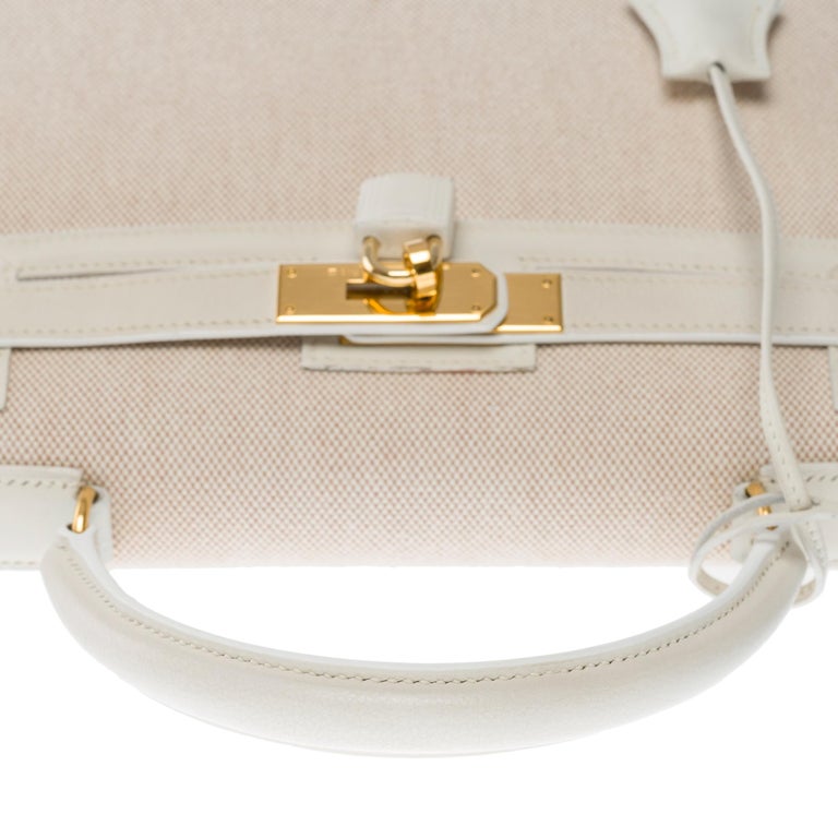Hermes New Kelly 28 Sellier Handbag Strap in Beige Canvas and Gold Leather, SHW