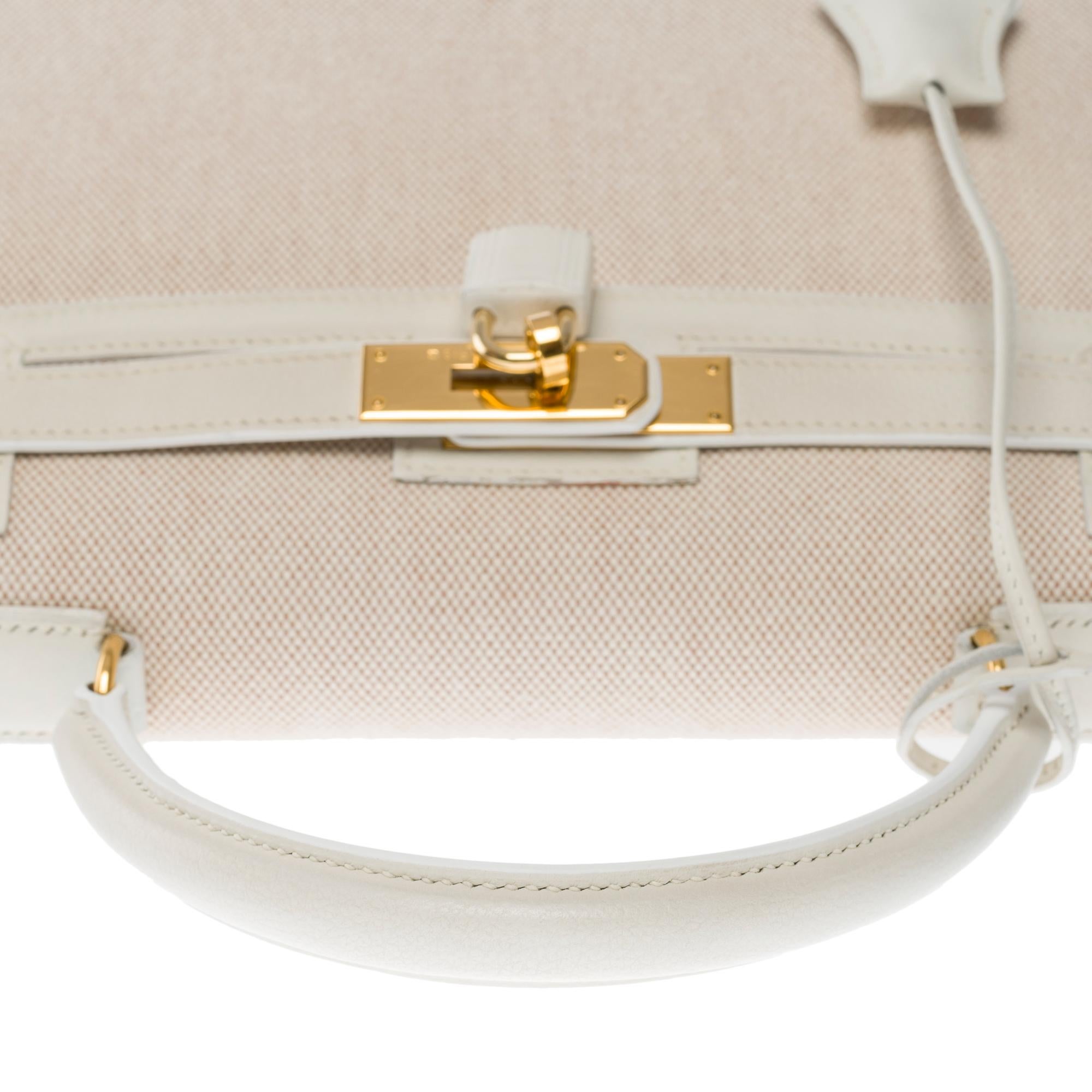 Hermès Kelly 28 sellier Handtaschenband aus weißem Canvas und beigem Leder, GHW im Angebot 3